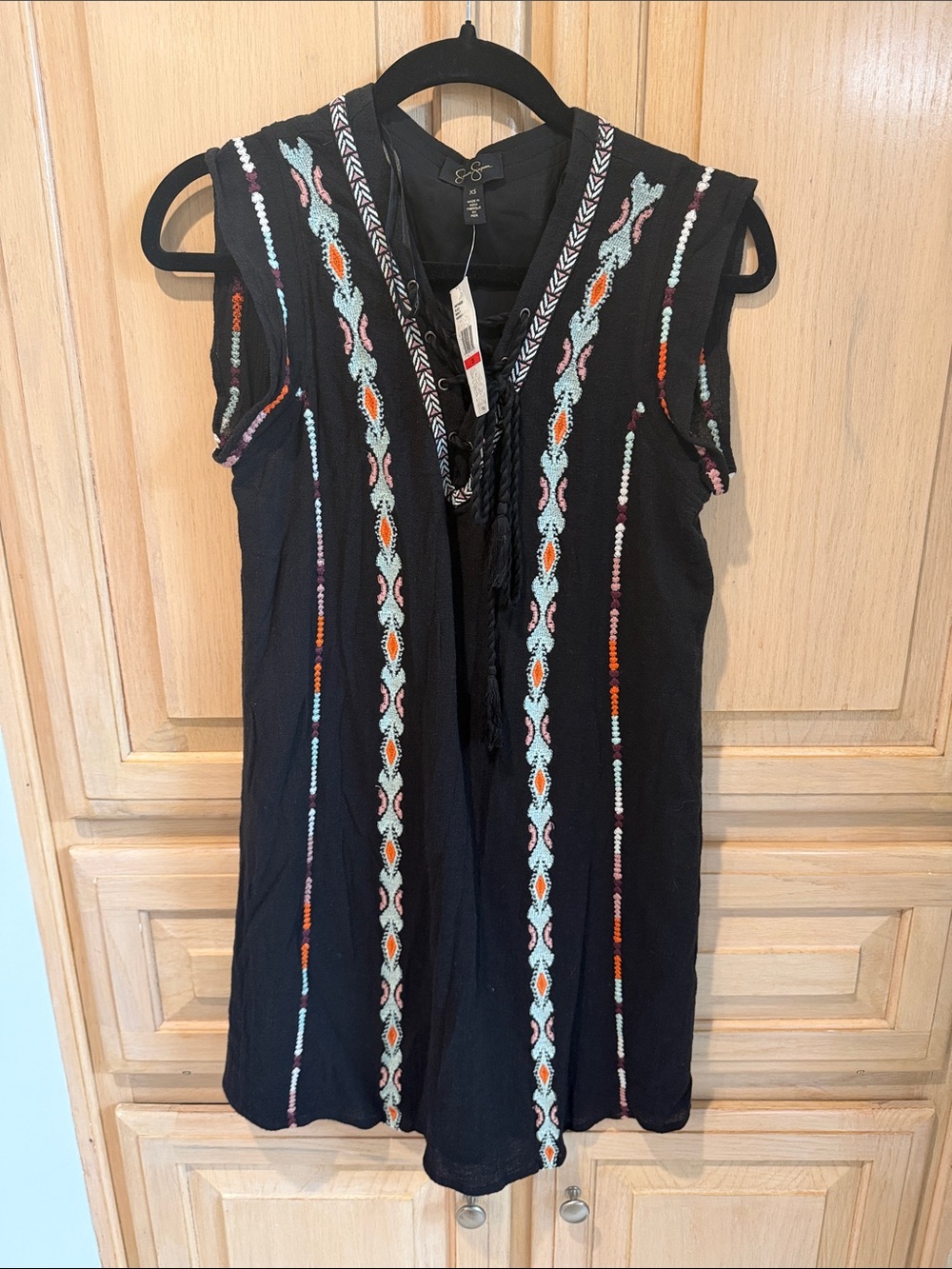 Embroidered Black Sleeveless Tunic with Tassel Tie
